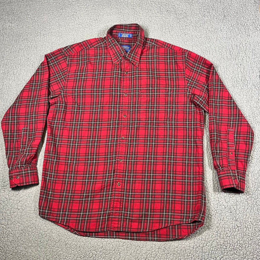 Pendleton Button Down Shirt Mens L Plaid Pima Cotton Merino Wool Red Outdoorsy
